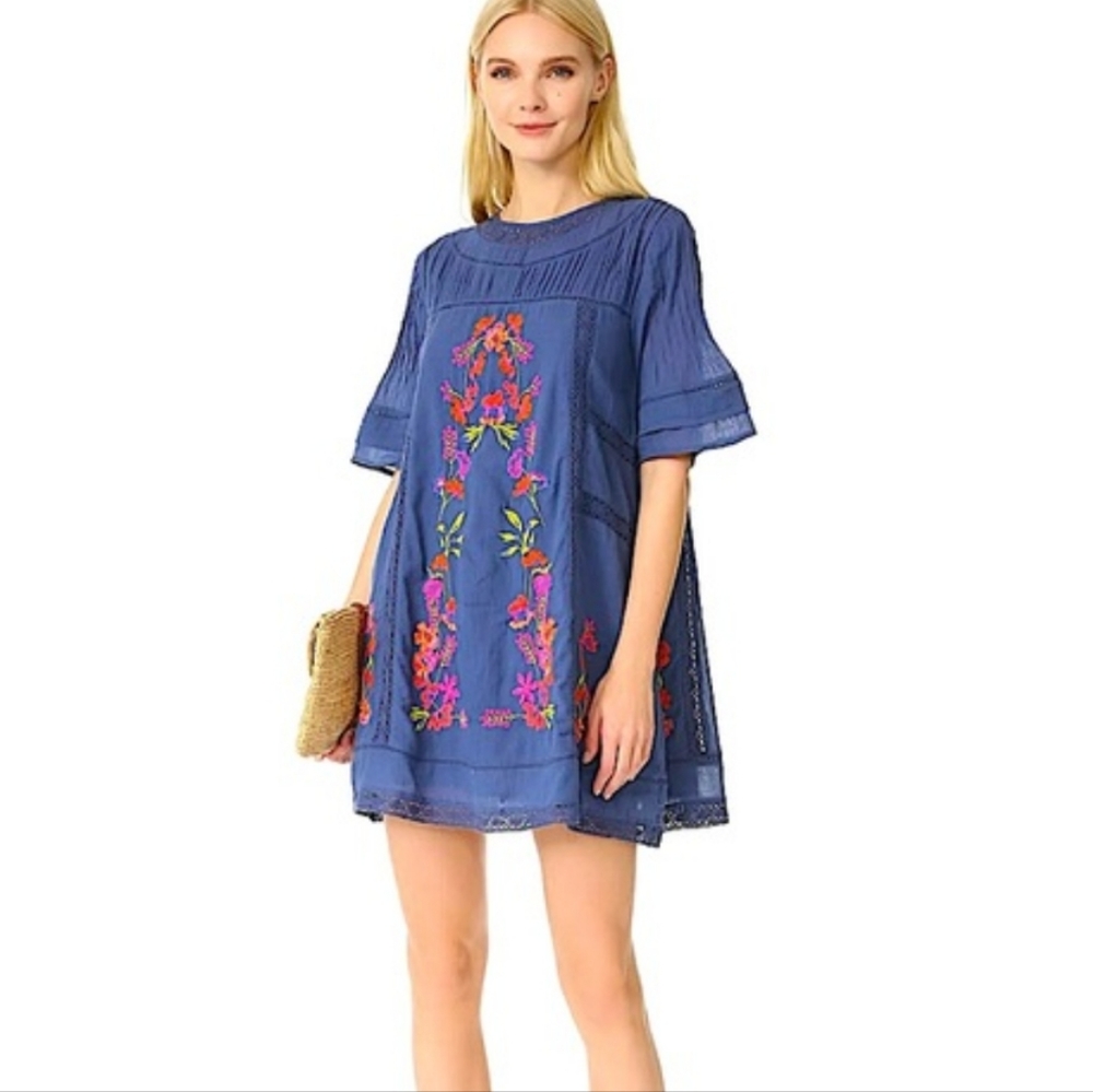Free People Perfectly Victorian Blue Mini Dress With Orange Embroidery Sz Medium
